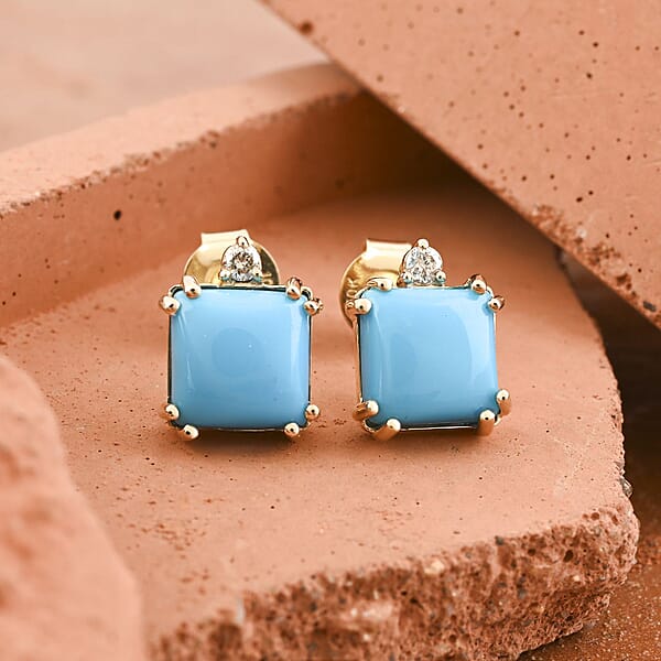 Certified & Appraised Luxoro AAA Sleeping Beauty Turquoise And G-H I2 Diamond 3.60 Ctw Earrings In 10K Yellow Gold