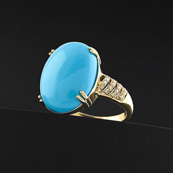 Certified & Appraised Luxoro AAA Sleeping Beauty Turquoise And G-H I2 Diamond 12.85 Ctw Ring In 10K Yellow Gold 4.50 Grams
