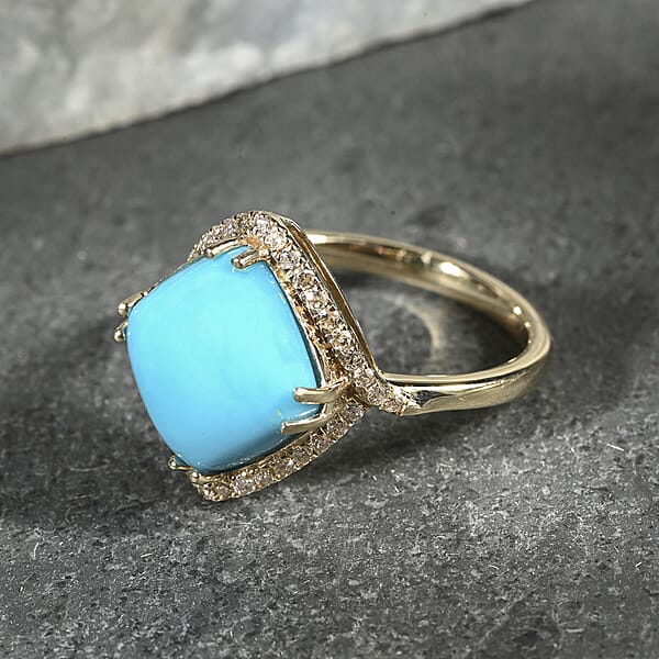 Certified & Appraised Luxoro AAA Sleeping Beauty Turquoise And I2 Diamond 5.00 Ctw Ring In 10K Yellow Gold