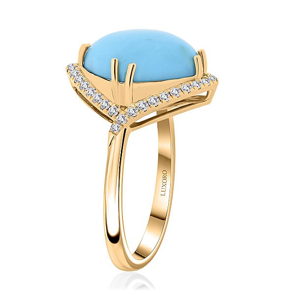 Certified & Appraised Luxoro AAA Sleeping Beauty Turquoise And I2 Diamond 5.00 Ctw Ring In 10K Yellow Gold