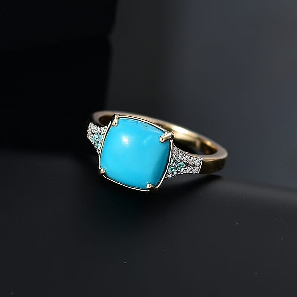 Certified & Appraised Luxoro AAA Sleeping Beauty Turquoise AAAA Paraiba Tourmaline And Diamond E-F I2 3.17 Ctw Ring In 10K Yellow Gold