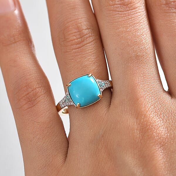 Certified & Appraised Luxoro AAA Sleeping Beauty Turquoise AAAA Paraiba Tourmaline And Diamond E-F I2 3.17 Ctw Ring In 10K Yellow Gold