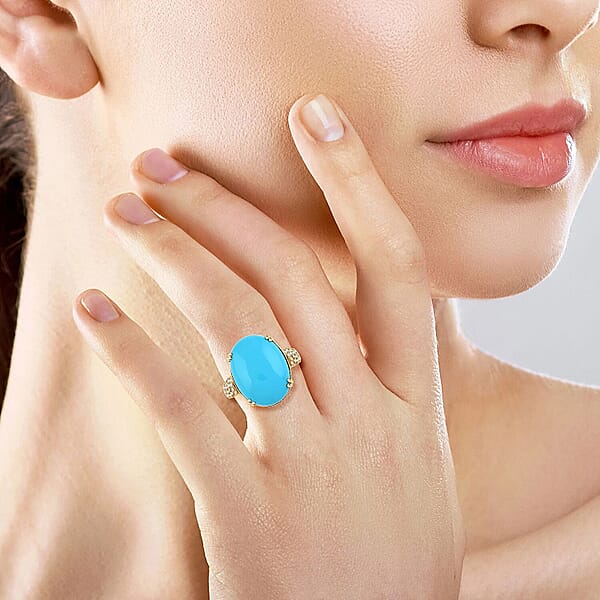 Certified & Appraised Luxoro AAA Sleeping Beauty Turquoise And G-H I2 Diamond 12.85 Ctw Ring In 10K Yellow Gold 4.50 Grams