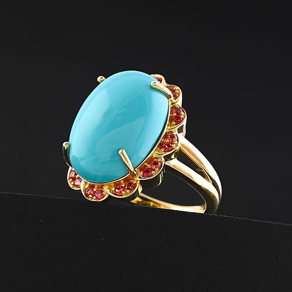 Certified & Appraised Luxoro AAA Sleeping Beauty Turquoise And Padparadscha Sapphire 9.75 Ctw Ring In 10K Yellow Gold 6.15 Grams