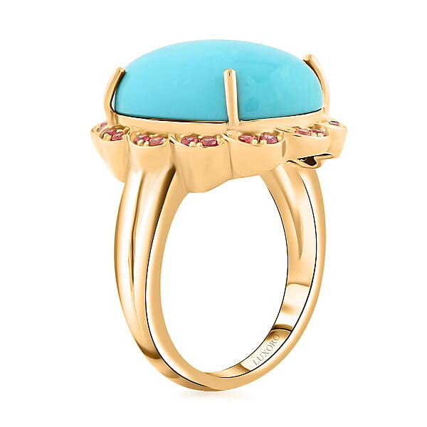 Certified & Appraised Luxoro AAA Sleeping Beauty Turquoise And Padparadscha Sapphire 9.75 Ctw Ring In 10K Yellow Gold 6.15 Grams