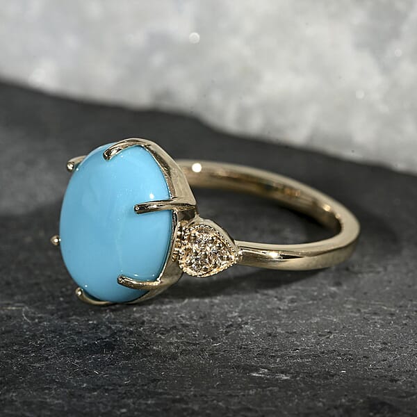 Certified & Appraised Luxoro AAA Sleeping Beauty Turquoise And I2 Diamond 4.50 Ctw Ring In 10K Yellow Gold
