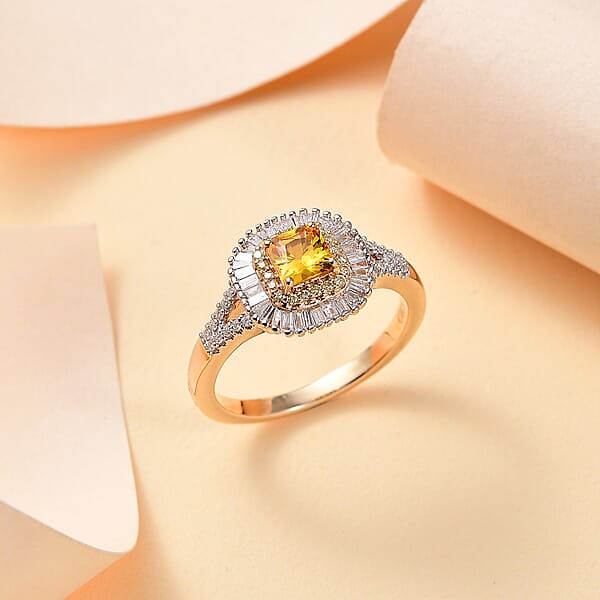 Certified & Appraised Luxoro AAA Songea Sapphire I2 White And Yellow Diamond 1.45 Ctw Double Halo Ring In 14K Yellow Gold