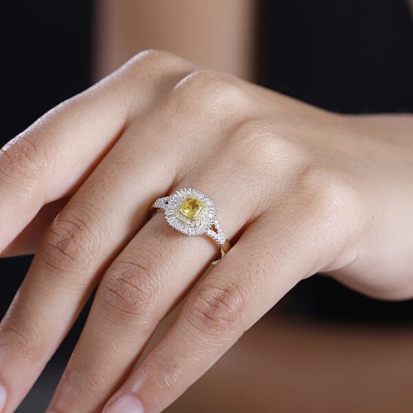 Certified & Appraised Luxoro AAA Songea Sapphire I2 White And Yellow Diamond 1.45 Ctw Double Halo Ring In 14K Yellow Gold