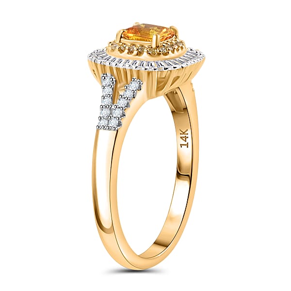 Certified & Appraised Luxoro AAA Songea Sapphire I2 White And Yellow Diamond 1.45 Ctw Double Halo Ring In 14K Yellow Gold