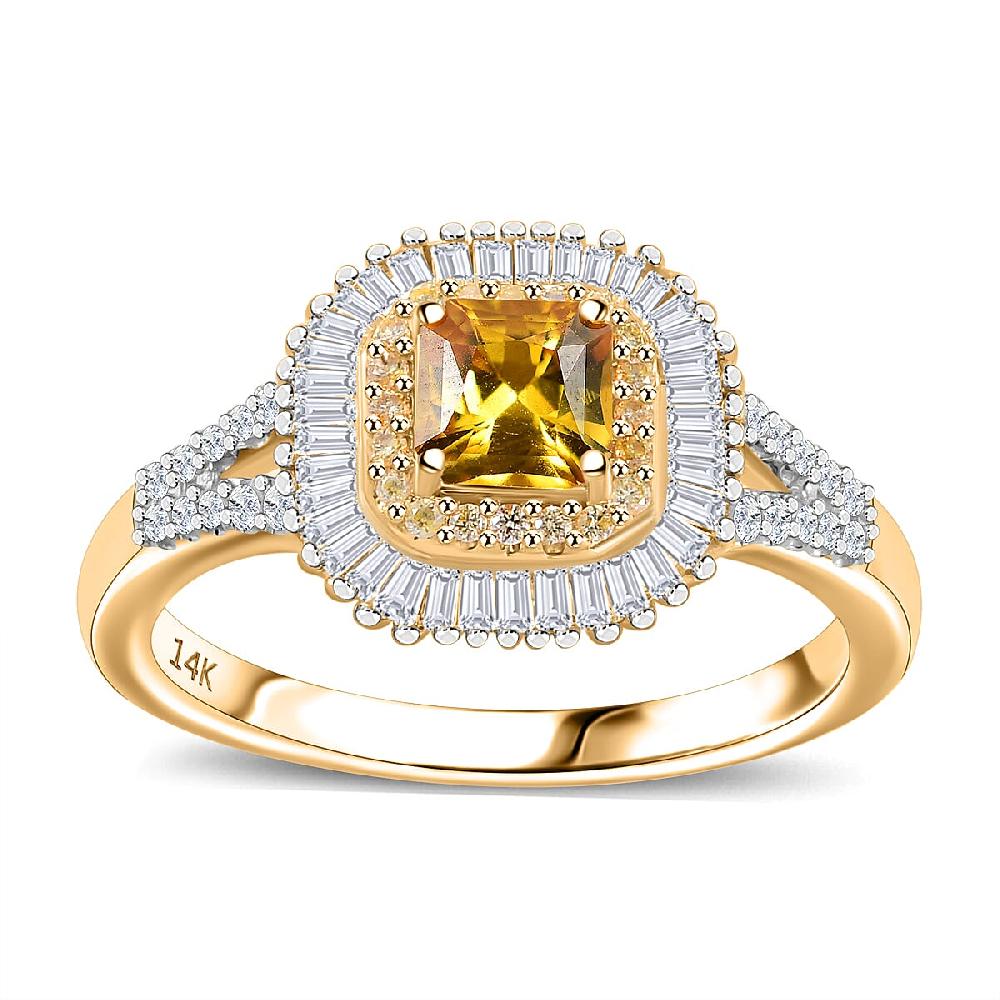 Certified & Appraised Luxoro AAA Songea Sapphire I2 White and Yellow Diamond 1.45 ctw Double Halo Ring in 14K Yellow Gold