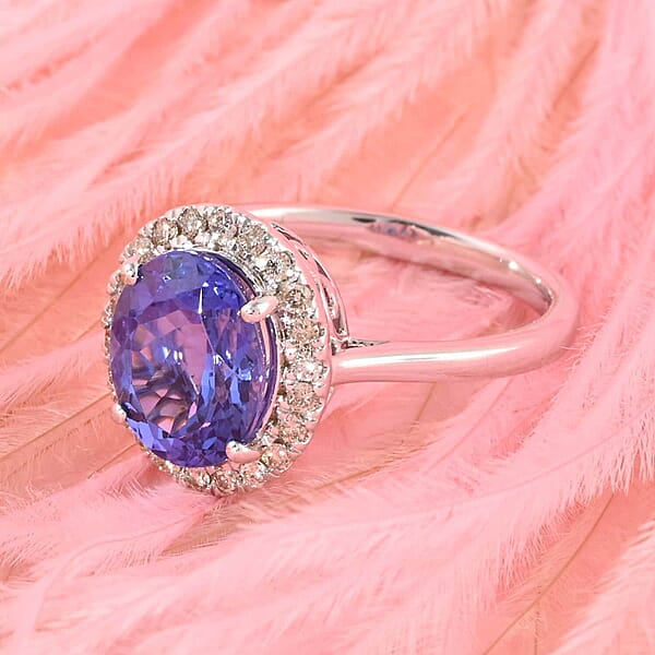 Certified & Appraised Luxoro AAA Tanzanite And G-H I2 Diamond 3.25 Ctw Halo Ring In 14K White Gold