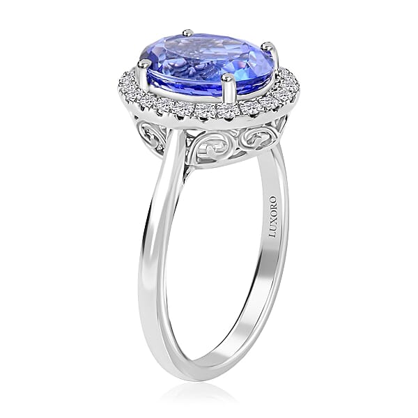 Certified & Appraised Luxoro AAA Tanzanite And G-H I2 Diamond 3.25 Ctw Halo Ring In 14K White Gold