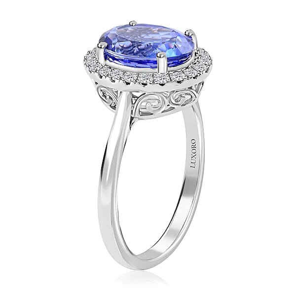 Certified & Appraised Luxoro AAA Tanzanite And G-H I2 Diamond 3.25 Ctw Halo Ring In 14K White Gold