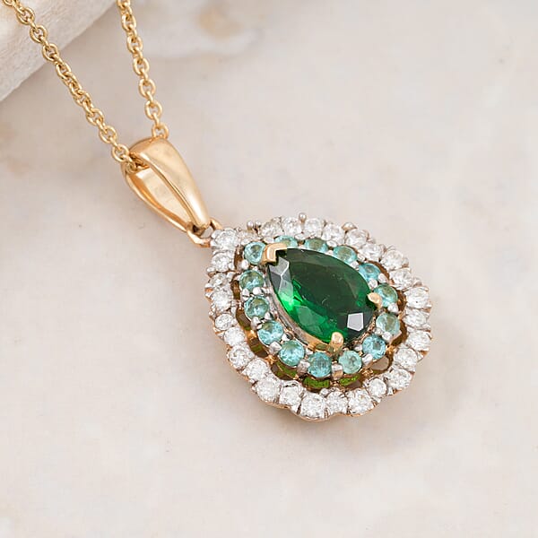 Certified & Appraised Luxoro AAA Tsavorite Garnet AAAA Paraiba Tourmaline And Diamond E-F I2 1.80 Ctw Pendant Necklace In 14K Yellow Gold 20 Inches