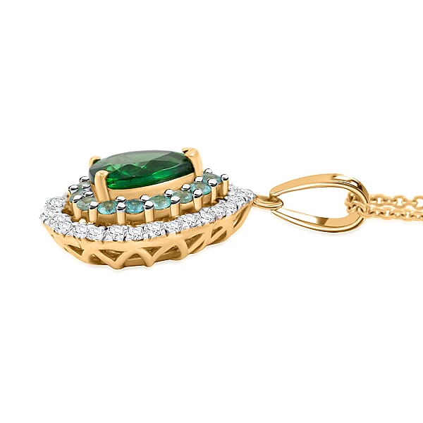 Certified & Appraised Luxoro AAA Tsavorite Garnet AAAA Paraiba Tourmaline And Diamond E-F I2 1.80 Ctw Pendant Necklace In 14K Yellow Gold 20 Inches