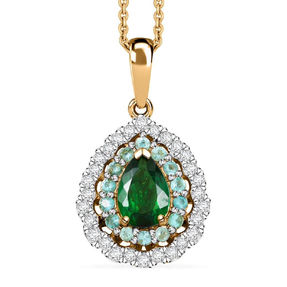 Certified & Appraised Luxoro AAA Tsavorite Garnet AAAA Paraiba Tourmaline and Diamond E-F I2 1.80 ctw Pendant Necklace in 14K Yellow Gold 20 Inches