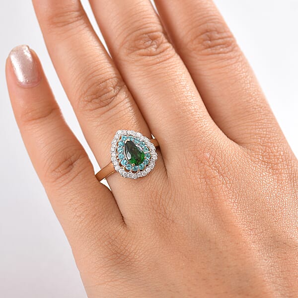 Certified & Appraised Luxoro AAA Tsavorite Garnet AAAA Paraiba Tourmaline And Diamond E-F I2 1.75 Ctw Ring In 14K Yellow Gold