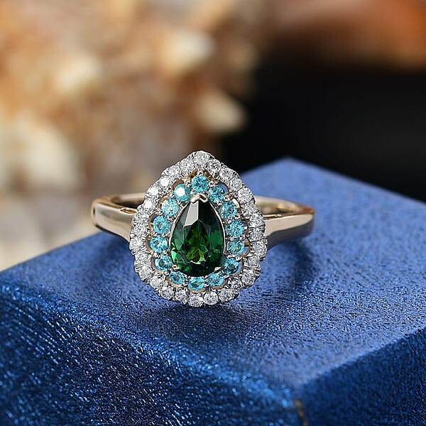 Certified & Appraised Luxoro AAA Tsavorite Garnet AAAA Paraiba Tourmaline And Diamond E-F I2 1.75 Ctw Ring In 14K Yellow Gold