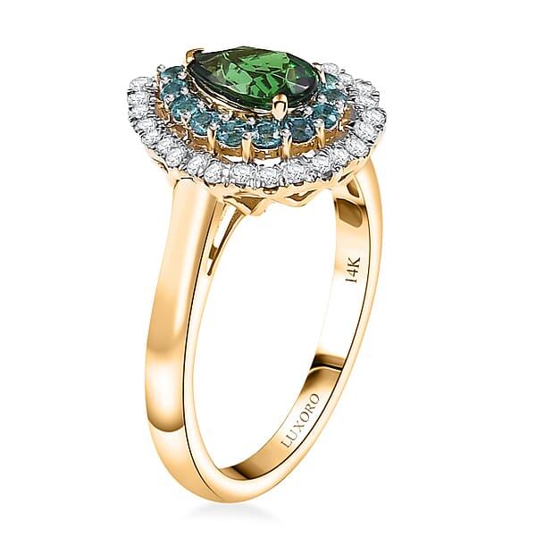 Certified & Appraised Luxoro AAA Tsavorite Garnet AAAA Paraiba Tourmaline And Diamond E-F I2 1.75 Ctw Ring In 14K Yellow Gold