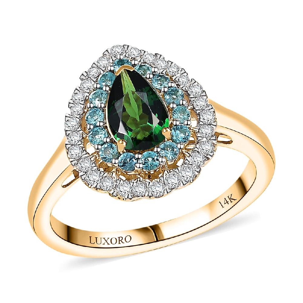Certified & Appraised Luxoro AAA Tsavorite Garnet AAAA Paraiba Tourmaline and Diamond E-F I2 1.75 ctw Ring in 14K Yellow Gold