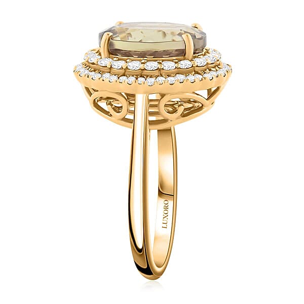 Certified & Appraised Luxoro AAA Turkizite And I2 Diamond 5.05 Ctw Double Halo Ring In 14K Yellow Gold 4.90 Grams (Del. In 10-15 Days)