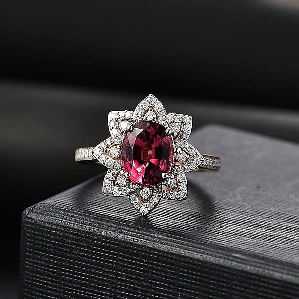 Certified & Appraised Luxoro AAAA Akwanga Rubellite And G-H I2 Diamond 2.73 Ctw Floral Ring In 14K Yellow Gold 4.50 Grams