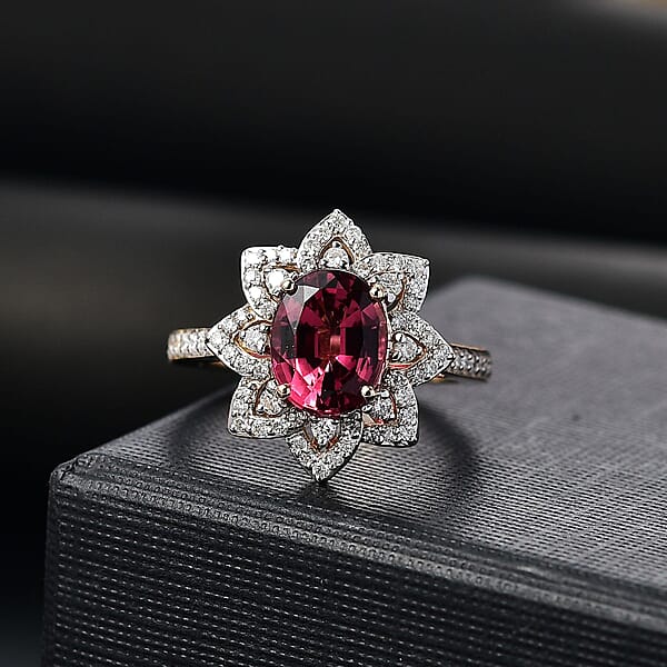 Certified & Appraised Luxoro AAAA Akwanga Rubellite And G-H I2 Diamond 2.73 Ctw Floral Ring In 14K Yellow Gold 4.50 Grams