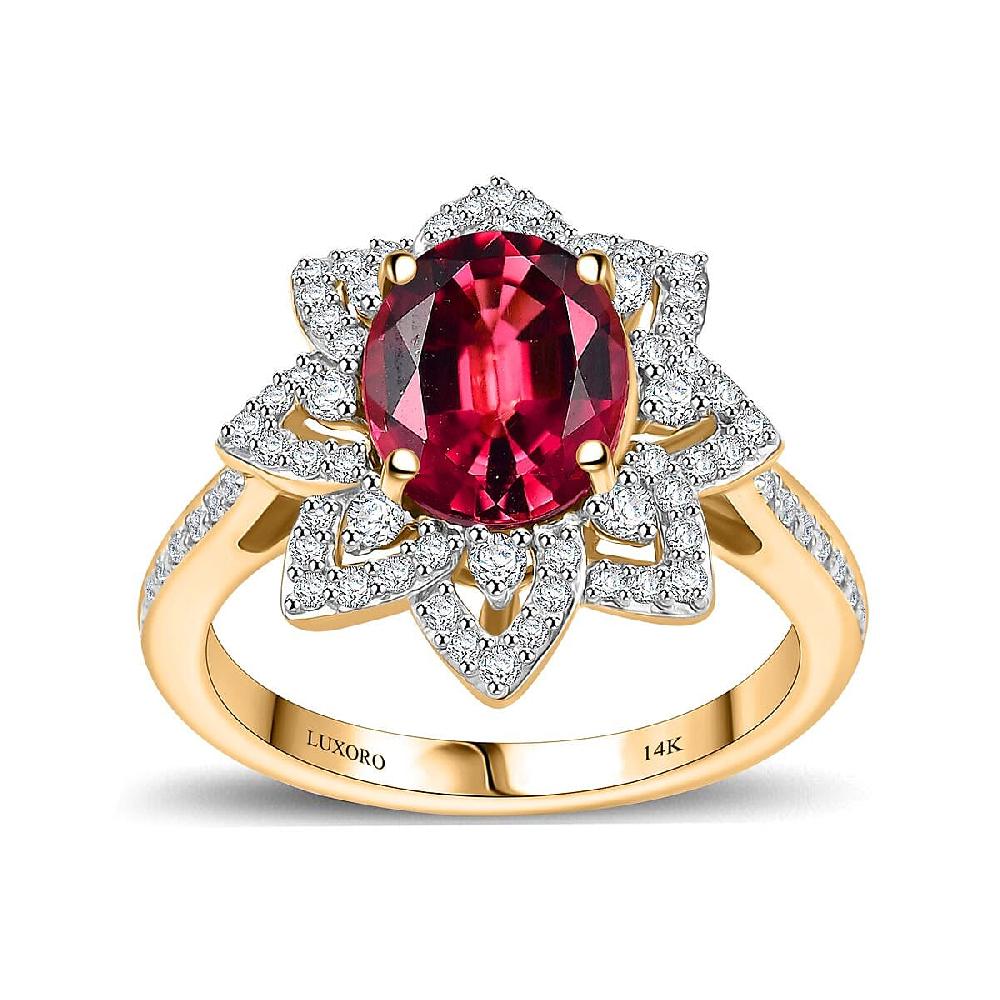 Certified & Appraised Luxoro AAAA Akwanga Rubellite and G-H I2 Diamond 2.73 ctw Floral Ring in 14K Yellow Gold 4.50 Grams