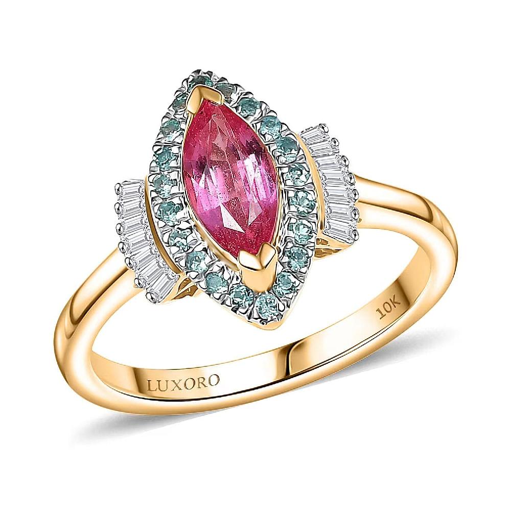 Certified & Appraised Luxoro AAAA Padparadscha Sapphire Paraiba Tourmaline and G-H I2 Diamond 1.55 ctw Ring in 14K Yellow Gold