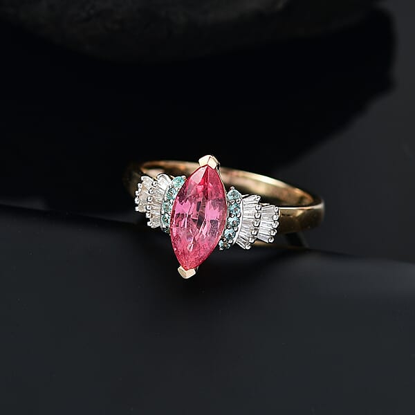 Certified & Appraised Luxoro AAAA Padparadscha Sapphire Paraiba Tourmaline And G-H I2 Diamond 2.00 Ctw Ring In 14K Yellow Gold