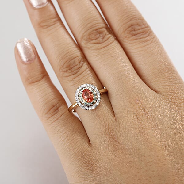 Certified & Appraised Luxoro AAAA Padparadscha Sapphire Paraiba Tourmaline And G-H I2 Diamond 1.60 Ctw Ring In 14K Yellow Gold