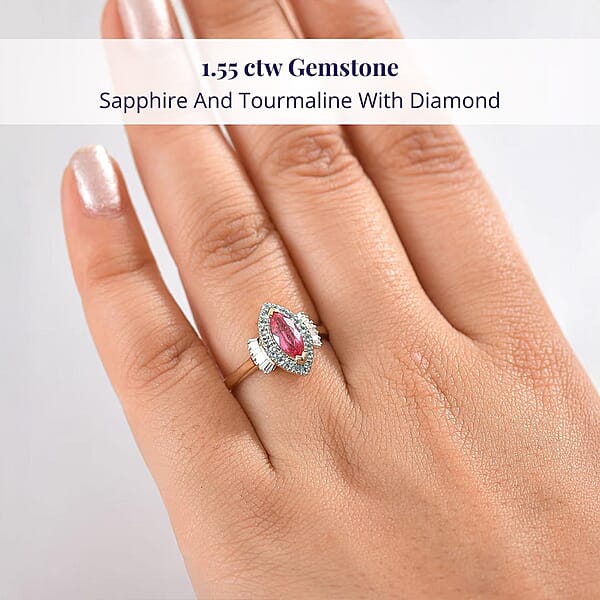 Certified & Appraised Luxoro AAAA Padparadscha Sapphire Paraiba Tourmaline And G-H I2 Diamond 1.55 Ctw Ring In 14K Yellow Gold