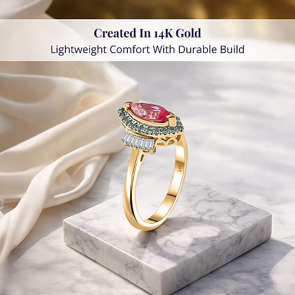 Certified & Appraised Luxoro AAAA Padparadscha Sapphire Paraiba Tourmaline And G-H I2 Diamond 1.55 Ctw Ring In 14K Yellow Gold