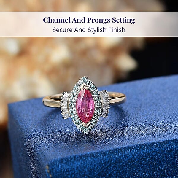 Certified & Appraised Luxoro AAAA Padparadscha Sapphire Paraiba Tourmaline And G-H I2 Diamond 1.55 Ctw Ring In 14K Yellow Gold