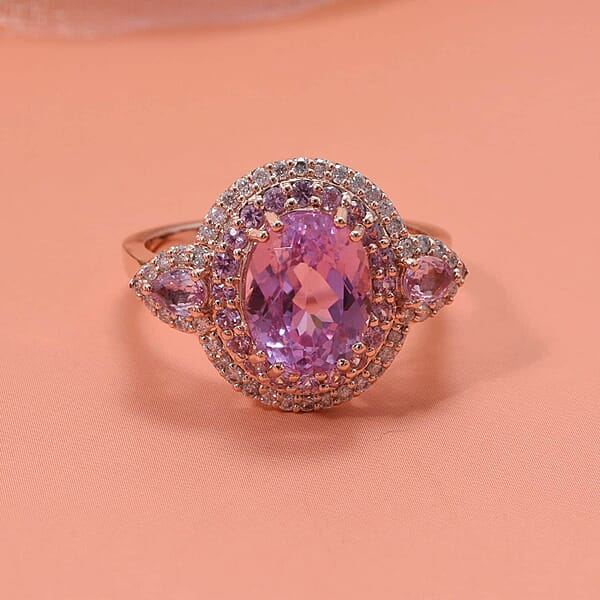 Certified & Appraised Luxoro AAAA Patroke Kunzite Pink Sapphire And G-H I2 Diamond 4.75 Ctw Ring In 14K Rose Gold 5.10 Grams