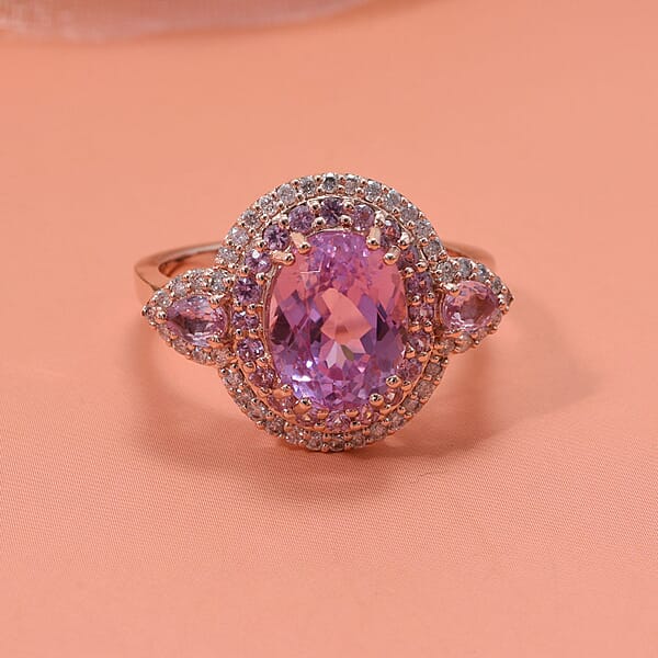 Certified & Appraised Luxoro AAAA Patroke Kunzite Pink Sapphire And G-H I2 Diamond 4.75 Ctw Ring In 14K Rose Gold 5.10 Grams