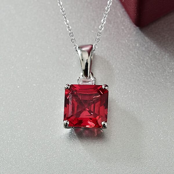 Certified & Appraised Luxuriant 10K White Gold AAA Asscher Cut Lab Grown Padparadscha Sapphire Lab Grown Diamond (E-F VS) Pendant Necklace (18 Inches) 3.52 Ctw