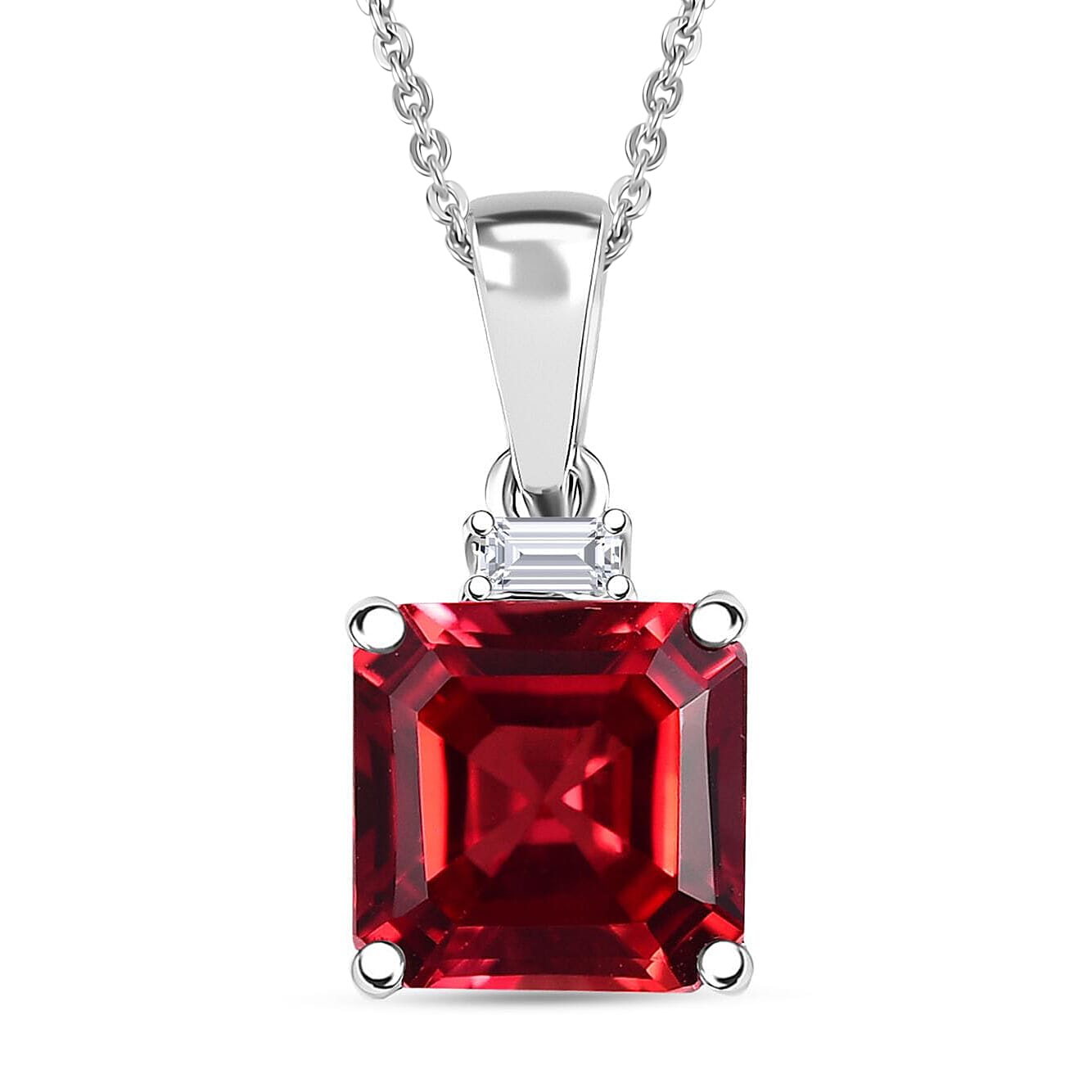 Certified & Appraised Luxuriant 10K White Gold AAA Asscher Cut Lab Grown Padparadscha Sapphire Lab Grown Diamond (E-F VS) Pendant Necklace (18 Inches) 3.52 ctw