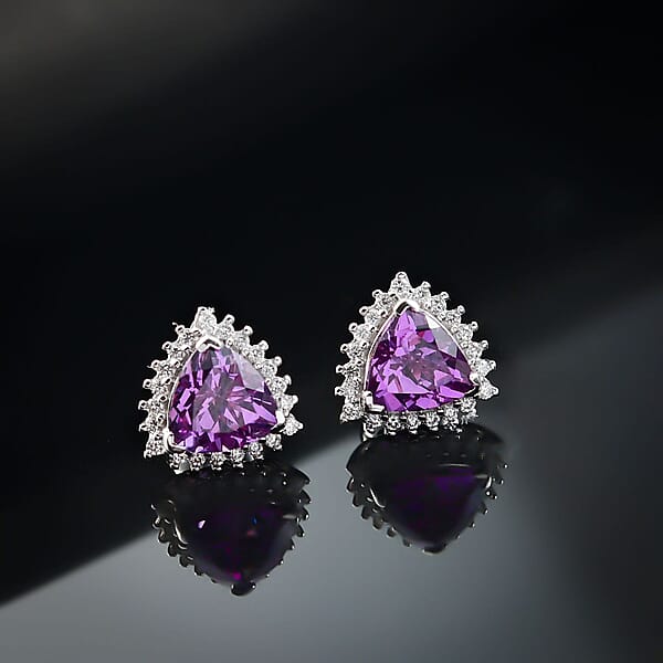 Certified & Appraised Luxuriant 10K White Gold AAA Lab Grown Purple Sapphire And E-F VS Lab Grown Diamond 3.51 Ctw Earrings