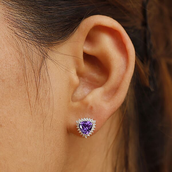 Certified & Appraised Luxuriant 10K White Gold AAA Lab Grown Purple Sapphire And E-F VS Lab Grown Diamond 3.51 Ctw Earrings