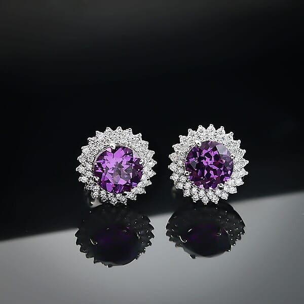 Certified & Appraised Luxuriant 10K White Gold AAA Lab Grown Purple Sapphire And E-F VS Lab Grown Diamond 4.54 Ctw Earrings