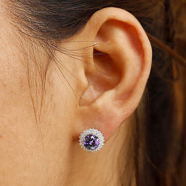Certified & Appraised Luxuriant 10K White Gold AAA Lab Grown Purple Sapphire And E-F VS Lab Grown Diamond 4.54 Ctw Earrings