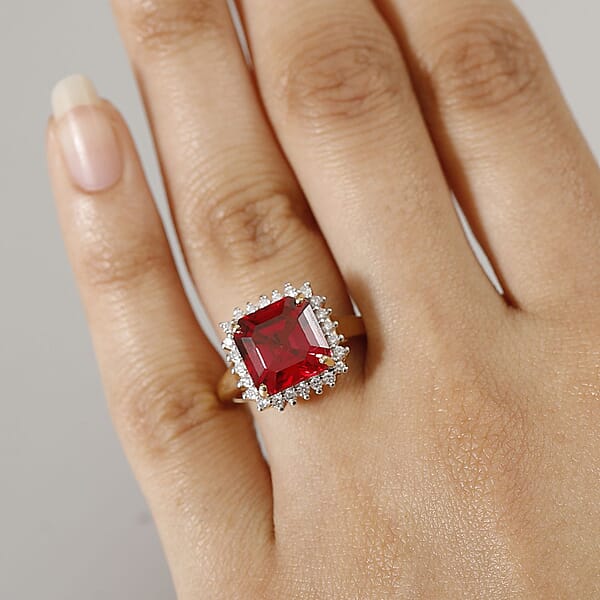 Certified & Appraised Luxuriant 10K Yellow Gold AAA Asscher Cut Lab Grown Padparadscha Sapphire E-F VS Lab Grown Diamond 6.89 Ctw Ring