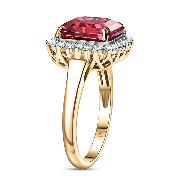 Certified & Appraised Luxuriant 10K Yellow Gold AAA Asscher Cut Lab Grown Padparadscha Sapphire E-F VS Lab Grown Diamond 6.89 Ctw Ring