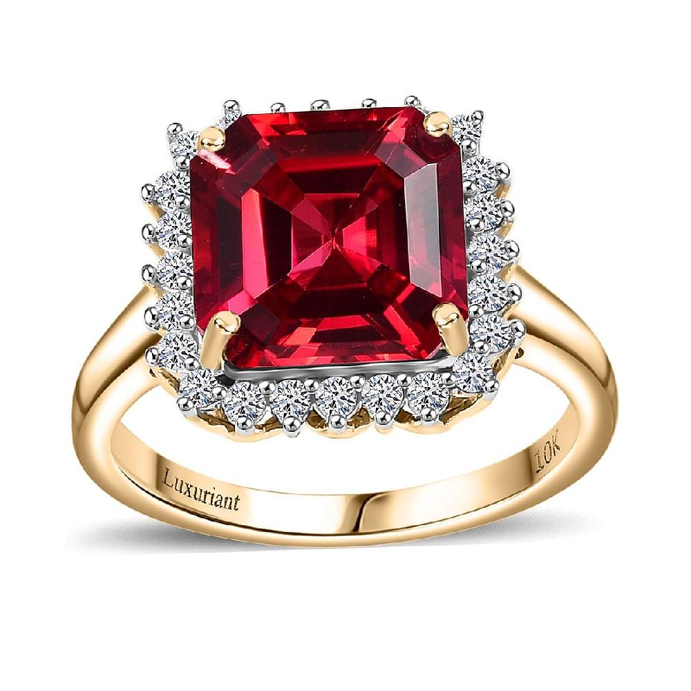 Certified & Appraised Luxuriant 10K Yellow Gold AAA Asscher Cut Lab Grown Padparadscha Sapphire E-F VS Lab Grown Diamond 6.89 ctw Ring
