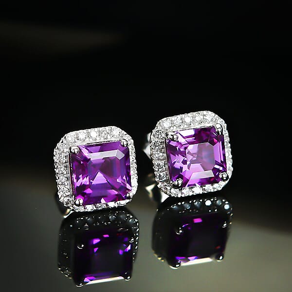 Certified & Appraised Luxuriant AAA Asscher Cut Lab Grown Purple Sapphire And E-F VS Lab Grown Diamond 5.16 Ctw Earrings In 10K White Gold