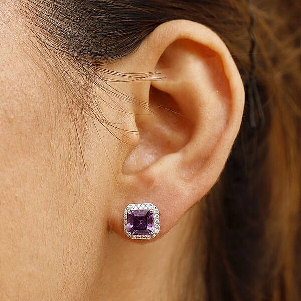 Certified & Appraised Luxuriant AAA Asscher Cut Lab Grown Purple Sapphire And E-F VS Lab Grown Diamond 5.16 Ctw Earrings In 10K White Gold