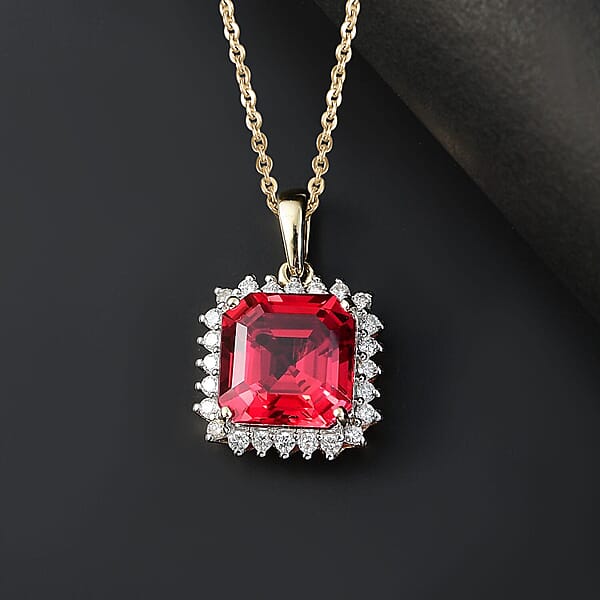 Certified & Appraised Luxuriant AAA Asscher Cut Lab Grown Padparadscha Sapphire And E-F VS Lab Grown Diamond 6.50 Ctw Pendant Necklace In 10K Yellow Gold 18 Inches