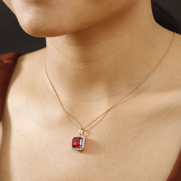 Certified & Appraised Luxuriant AAA Asscher Cut Lab Grown Padparadscha Sapphire And E-F VS Lab Grown Diamond 6.50 Ctw Pendant Necklace In 10K Yellow Gold 18 Inches