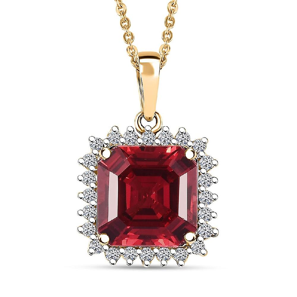 Certified & Appraised Luxuriant AAA Asscher Cut Lab Grown Padparadscha Sapphire and E-F VS Lab Grown Diamond 6.50 ctw Pendant Necklace in 10K Yellow Gold 18 Inches